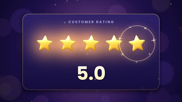 Five star customer rating animation with 5.0 score and excellent feedback on dark purple background