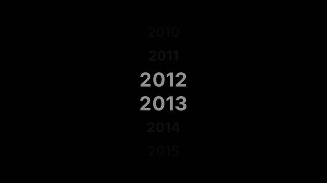 Digital year picker interface displaying rolling years from 1998 to 2027 on black background for app UI timeline designs