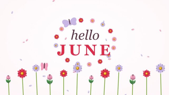 Hello June animation with pastel rose garden blooming, butterflies flying and floral ring around soft serif text