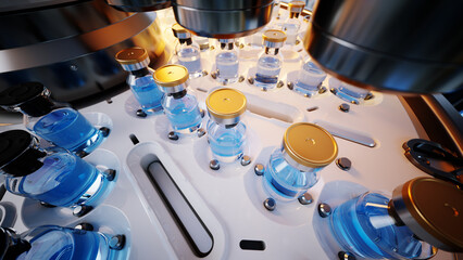 Close-Up Vaccine Vials on Automated Filling Line in Sterile Pharmaceutical Laboratory Production Facility © S.Gvozd