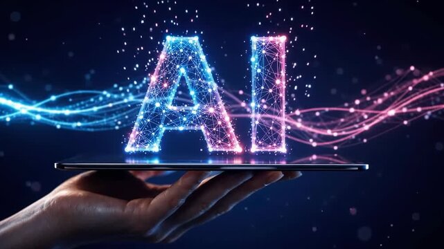 Hand holding tablet presenting glowing low poly neon wireframe AI letters with particle grid