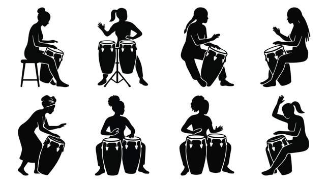Women Playing Conga and Bongo Drums Silhouette Vector Set
