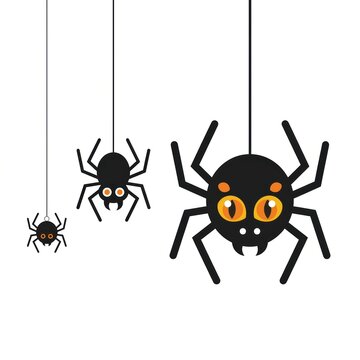 Three cartoon spiders hanging from strings against a white background