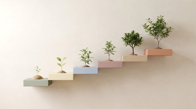 Sequence of growing plants on colorful floating steps symbolizing progress and development stages