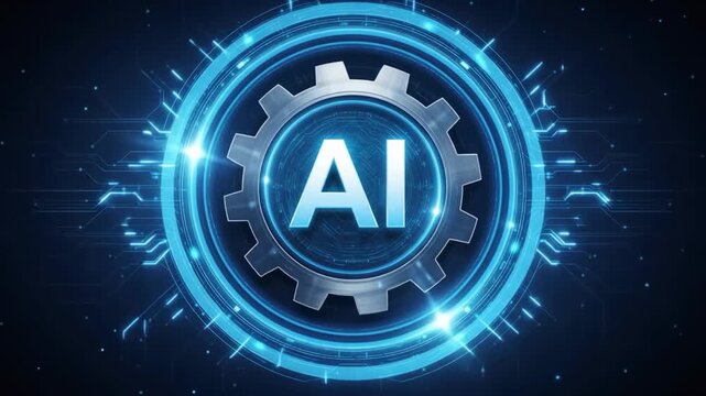 Glowing metallic gear mechanism surrounding central artificial intelligence text with bright light beams