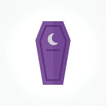 Purple coffin with crescent moon symbol on white background