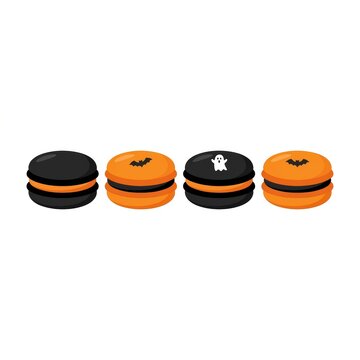 Four Halloween-themed macarons with bat and ghost designs in black and orange