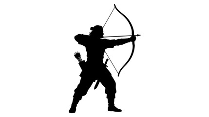 Fototapeta premium Black Silhouette of a Medieval Archer Aiming a Bow and Arrow, Traditional Warrior or Hunter Vector Illustration Isolated on White Background