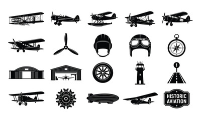 Vintage aviation icon set, classic airplanes, biplane silhouettes, pilot helmet, flight propeller, airfield hangar, control tower, propeller engine, retro aircraft vectors © Sakill_Pro