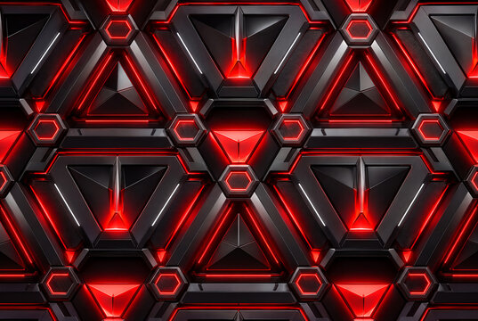 Futuristic black metallic geometric pattern with glowing red neon triangles and hexagons, abstract cyberpunk texture