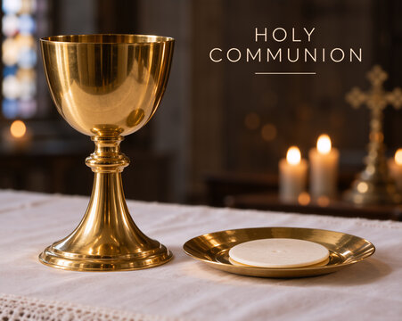 Golden chalice and holy host on a paten on an altar with candles. Christian communion and Eucharist sacrament in church