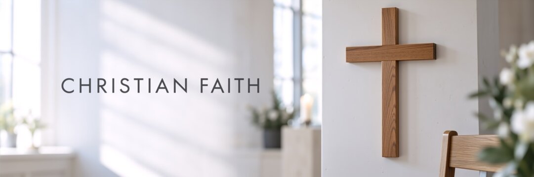 Wooden cross mounted on a white wall in a bright church interior. Christian faith banner with copy space