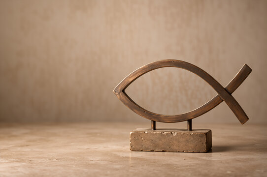 Bronze ichthys fish symbol statue on stone base over beige surface. Christian faith background with copy space