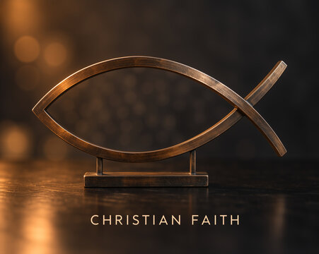 Bronze christian fish symbol on a dark reflective wooden table. Ichthys statue with warm bokeh background