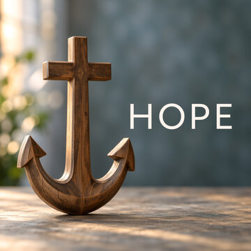 Wooden anchor cross standing on a rustic table. Christian symbol of faith and steadfast hope. Religious hope concept with copy space