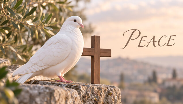 White dove perched beside a wooden cross on a stone wall. Christian peace and Holy Spirit symbol with olive branch. Banner with copy space