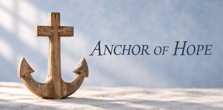 Carved wooden anchor cross on white sand beach. Christian faith and marine symbolism. Anchor of Hope banner with copy space