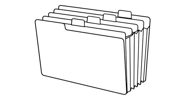 Black outline vector icon of an expanding file organizer with multiple upright pockets and rectangular index tabs on top edges drawn with medium lines in centered three-quarter view showing depth