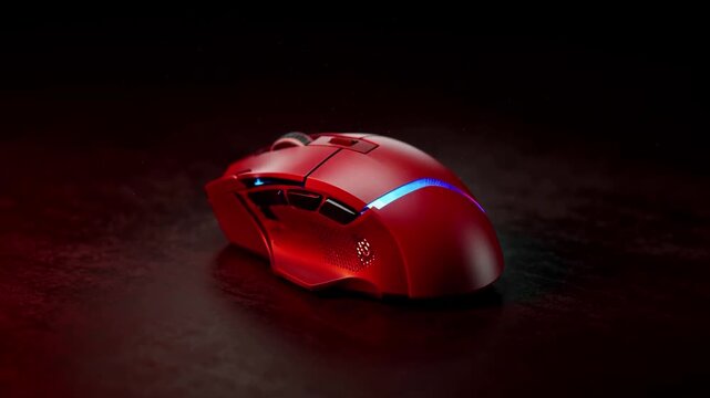 Red Gaming Mouse with Blue Lighting Rests on Dark Surface in Cinematic Studio Shot for Tech Product Marketing