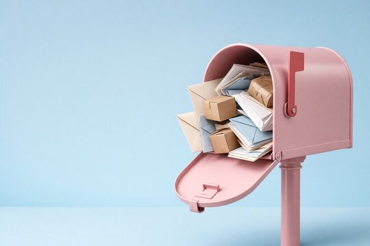 Caixa de correio rosa aberta transbordando de cartas, envelopes e pequenos pacotes sobre fundo azul pastel