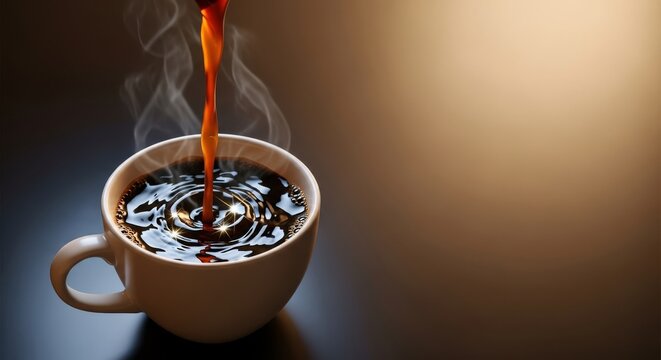 A rich brown coffee stream pours into a mug, creating shimmering light reflections and delicate ripples on the dark liquid surface, coffee, bokeh, shimmer