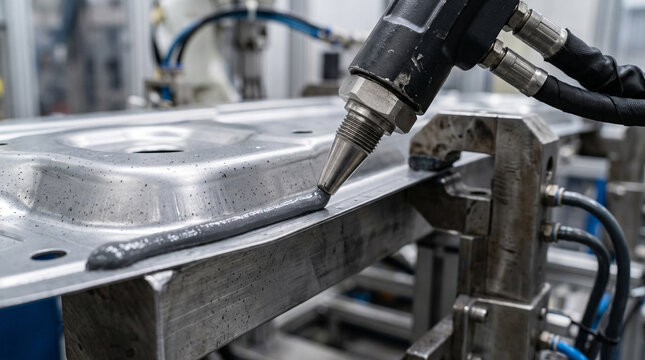 Automated arm applying structural K adhesive bead on car body metal part in professional factory with precise industrial manufacturing