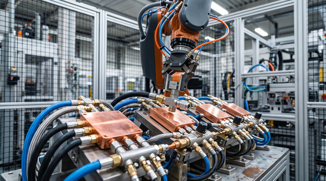 Industrial robot arm assembling cooling module equipment in modern factory manufacturing facility showing precise engineering and innovation