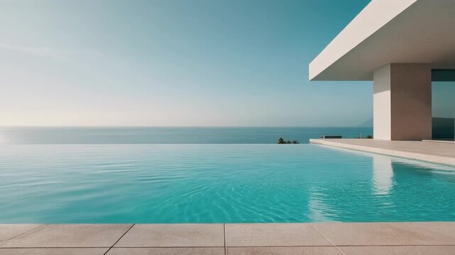Tranquil Luxury Infinity Pool with Turquoise Ripples Overlooking Tropical Ocean Horizon and Blue Sky, Full HD Cinematic Background