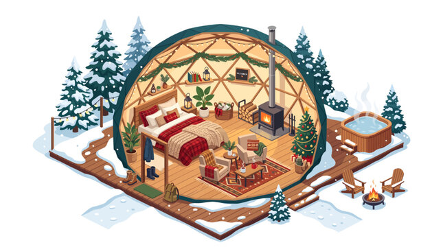Cozy winter glamping geodesic dome with hot tub isometric