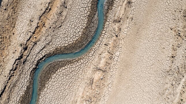 Aerial view of cracked earth and dry land river bed, cracked soil texture in desert landscape, climate change concept background