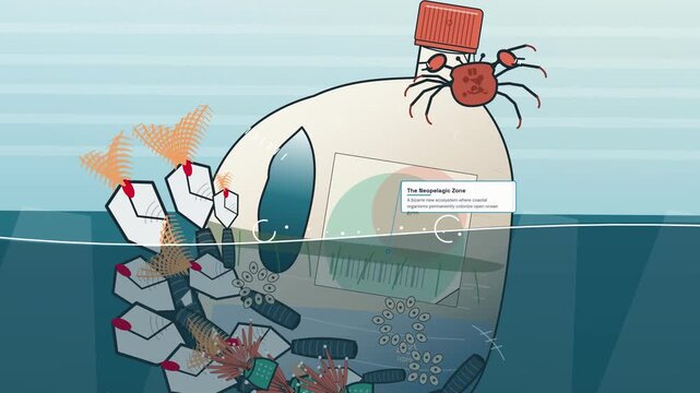 Animation of a neopelagic zone ecosystem where marine life like a shore crab and coastal hitchhikers colonize an indestructible plastic bottle floating in the open ocean showcasing plastic pollution