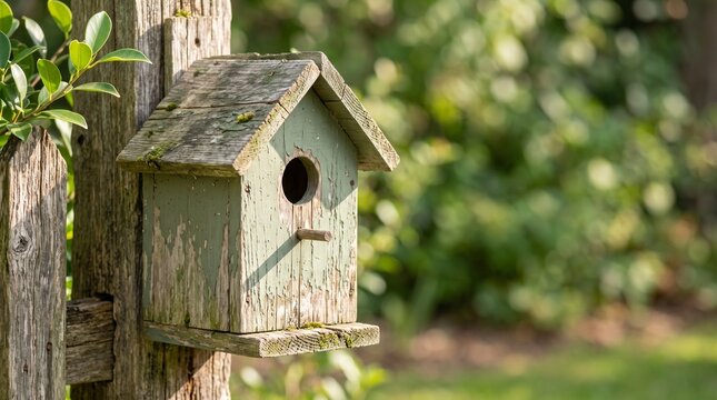 Rustic wooden birdhouse mounted on fence post, weathered timber nesting box, natural backyard bird shelter