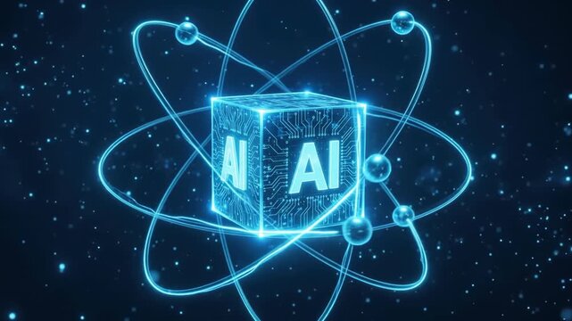 Glowing atomic structure with orbiting electrons surrounding central artificial intelligence cube