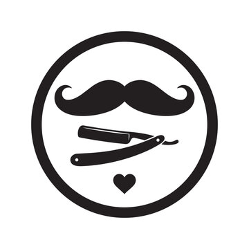 Barber shop logo vector icon with mustache straight razor and goatee