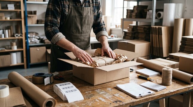 Man packing a gift in a cardboard box with brown paper and bubble wrap in a workshop