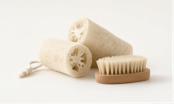 Natural loofahs and wooden brush for gentle, eco-friendly bathing rituals.