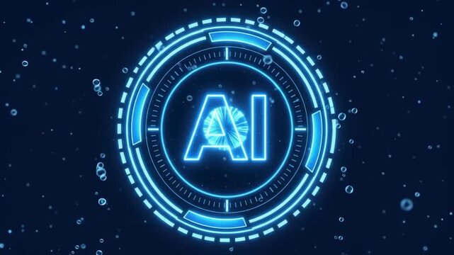 Glowing circular tech HUD ring with central artificial intelligence typography on dark blue background