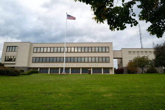 The Skamania county courthouse and lush grounds in Stevenson, Washington, USA