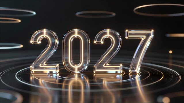 Glowing 2027 numbers on a futuristic, circular platform with floating rings.