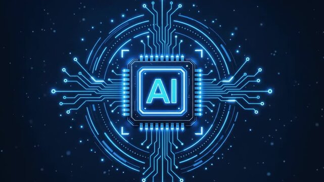 Glowing circular artificial intelligence processor chip with rotating radar lines and circuit traces