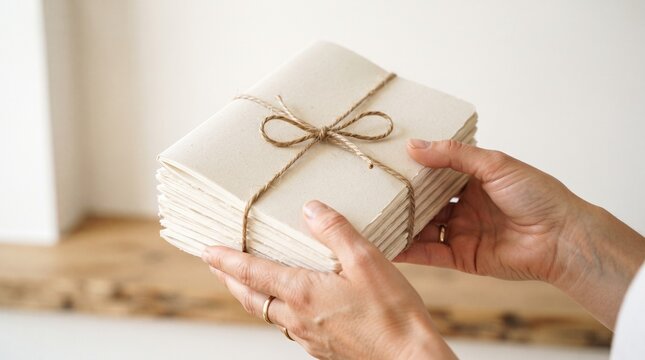 Hands holding a stack of handmade paper cards tied with twine and a bow, natural light