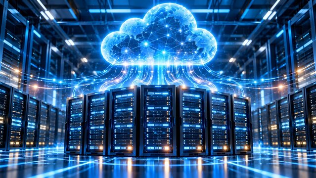 Futuristic data center server room with a glowing digital cloud icon representing cloud computing technology, big data storage, and global network connectivity in a high-tech modern environment.