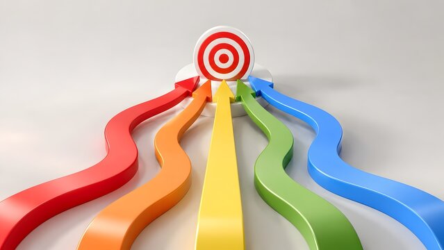 Multiple colorful curved arrows converging from different directions to hit a central bullseye target, symbolizing diverse paths, strategic unity, business goal achievement, and teamwork concept.