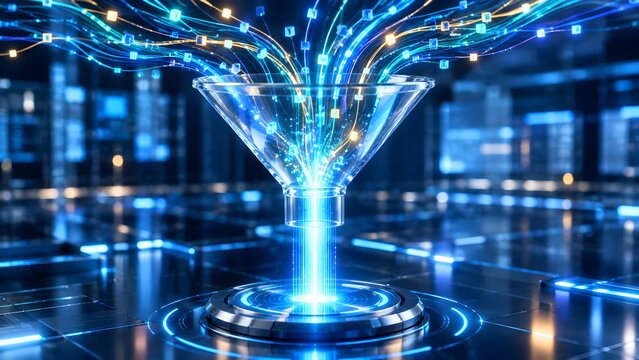 Futuristic Big Data Processing Concept with Glowing Neon Light Funnel and Digital Information Streams Flowing into a High Tech Virtual Server Room Background for Analytics and Tech Visualization