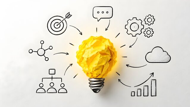 Creative Brainstorming Concept with Yellow Crumpled Paper Lightbulb Surrounded by Hand Drawn Business Strategy Icons and Mind Map Elements on White Background for Innovation and Success Idea