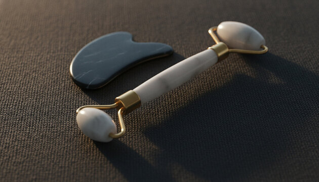 Marble facial roller and gua sha stone on dark linen