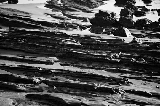 Layered Rocky Shoreline at Low Tide in Crystal Cove State Park