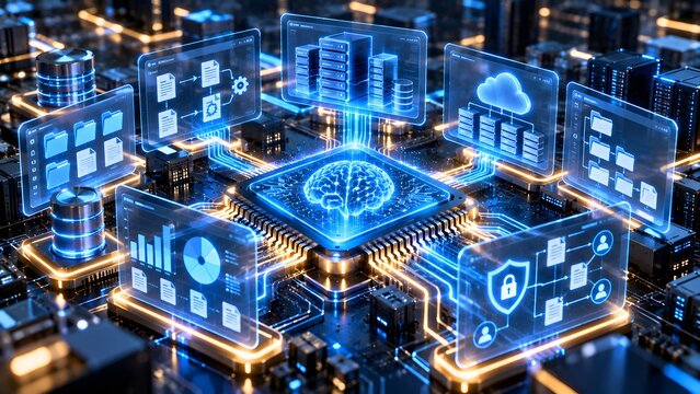 Futuristic artificial intelligence AI data network ecosystem conceptualized on an electronic circuit board with a glowing brain processor, cloud computing storage, and digital information security.