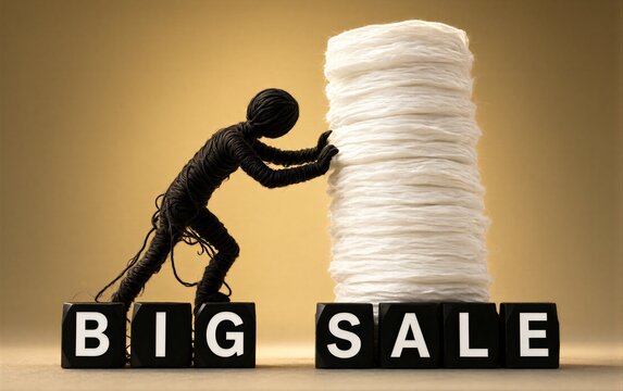 A person interacting with a large bundle of white rope for a big sale