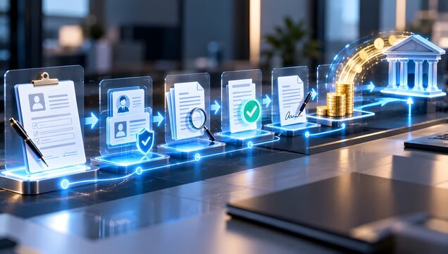 Futuristic digital finance approval workflow visualization showing step-by-step automated processing from user application and identity verification to document validation and banking transfer.